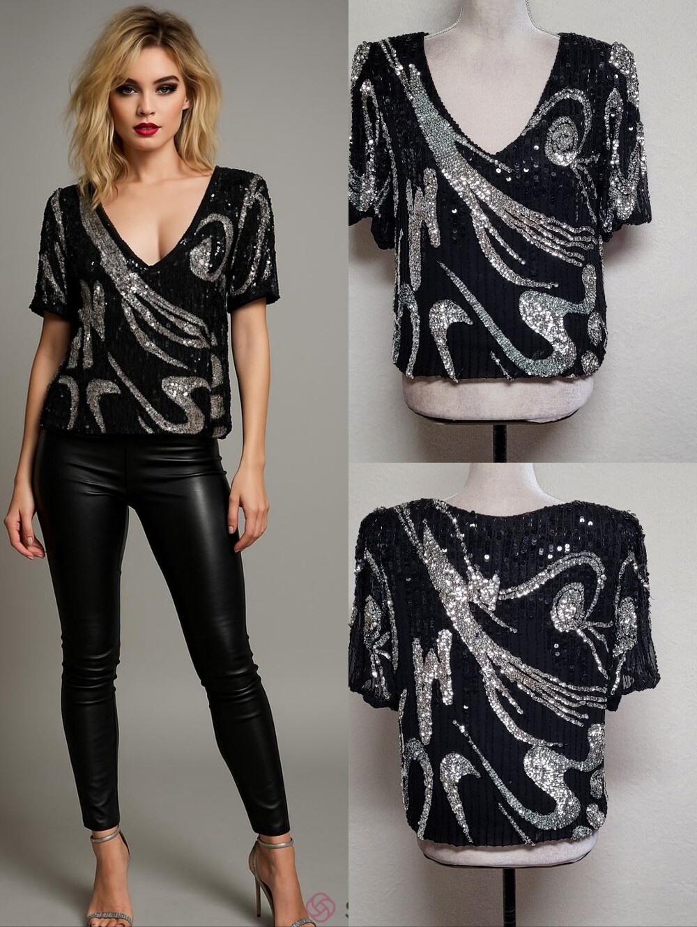 Oleg Cassini Black Beaded Silver Sequin Curlicue Avant-garde Oversized Blouse M